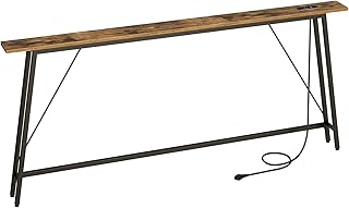 Table Console avec Multiprise, Table d’Entrée Étroite, 1 Prise Électrique et 2 Ports USB, Bout de Canapé Fin, Présentoir, pour Entrée, Couloir, Marron Rustique et Noir, XCT205CBR