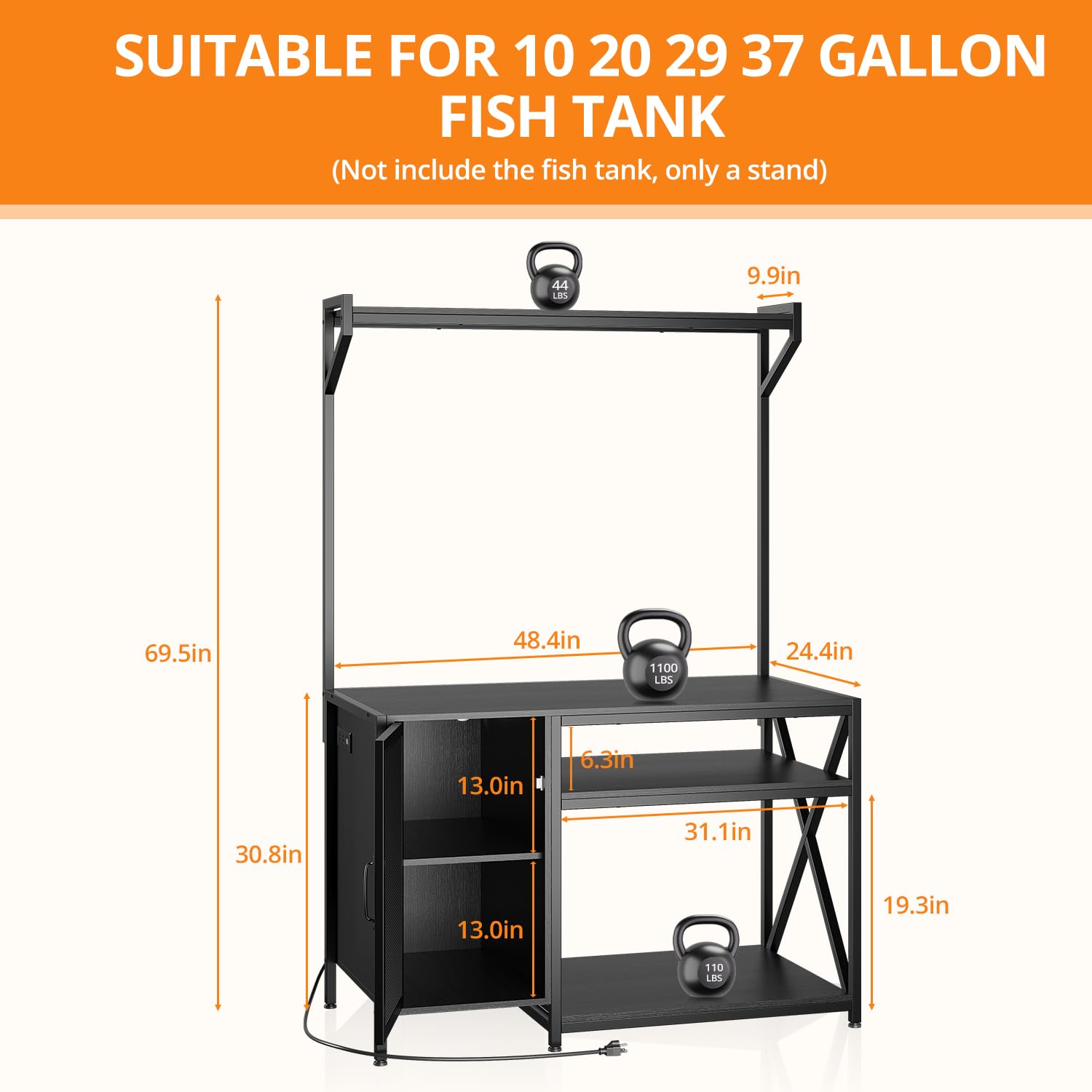 40-120 Gallon Reptile Tank Stand with Power Outlet, 48