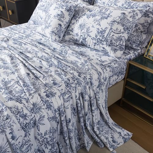 Image of FADFAY Toile Sheet Set Cal King Classic Blue & White 100% Egyptian Cotton French Country Bedding Toile de Jouy Pastoral Scenic Farmhouse Bedding Deep Pocket Sheets Breathable Soft for All Seasons 4Pc