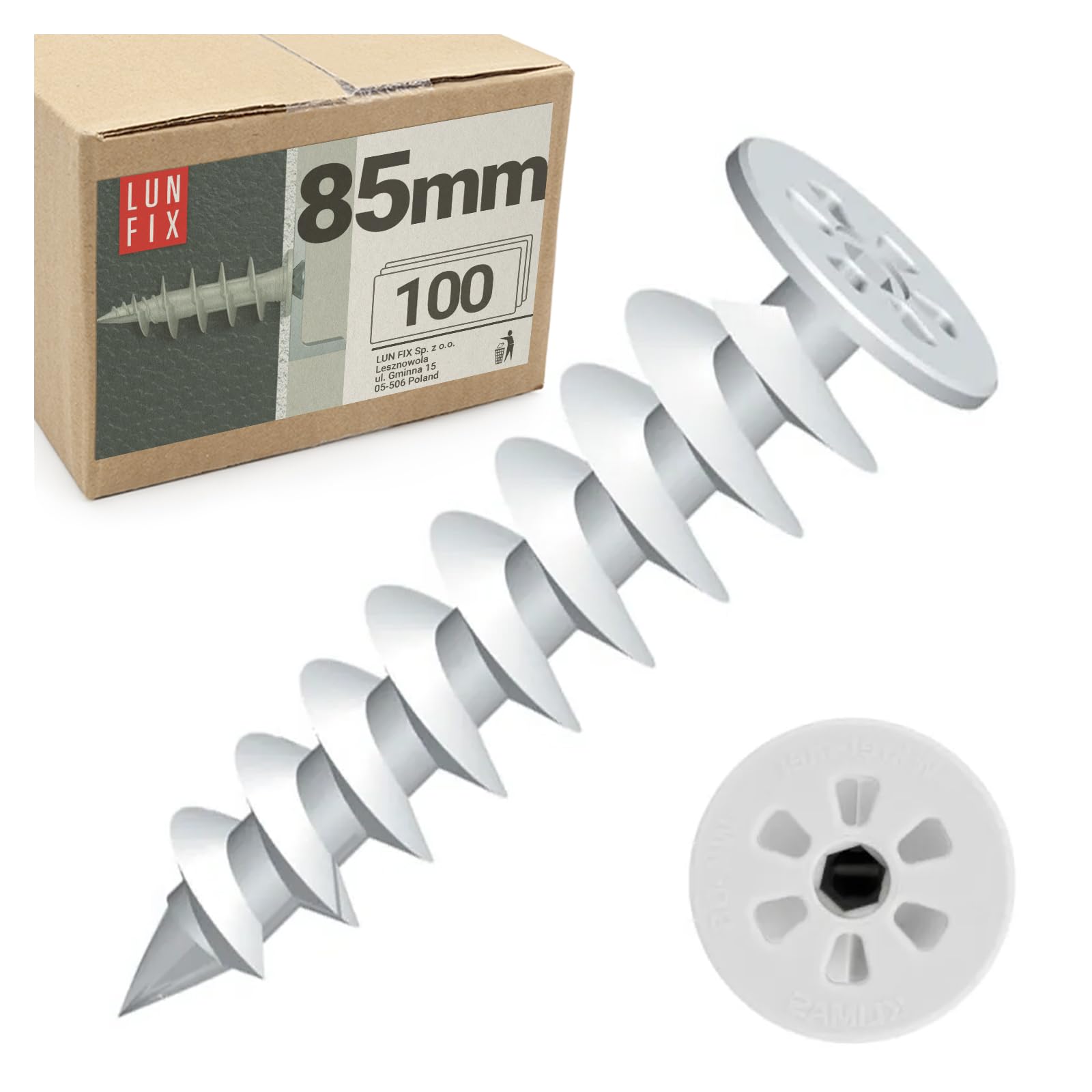 Lot de 100 chevilles d'isolation 85 mm en polyamide, WDVS et polystyrène pour fixation dans l'isolation, plateau Ø 28 mm, pour vis de 4,5 mm, Lun Fix