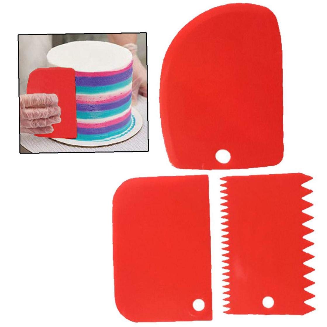 Byfri Red 3 Pcs Plastic Cake Scraper Spatula Set Pastry Dough Fondant Cream Cake Side Decorating Comb And Icing Smoother Cutters