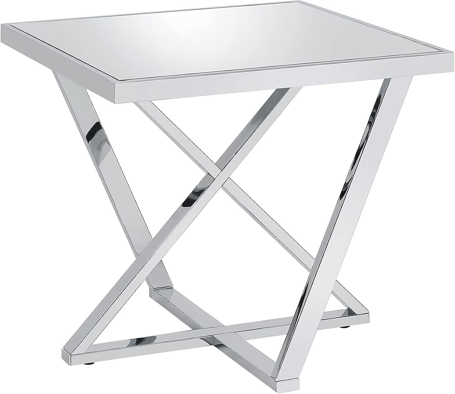 Furniture of America Luxury Glam Square Mirror Glass Top 24 in. End Table with X-Cross Base for Living Room, Bedroom, Chrome