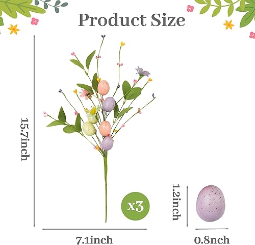 Miniatura 2 de WATINC 3 piezas de vid artificial de Pascua con huevos de Pascua pastel y bayas, tallos florales de primavera de Pascua, ramas de ramas, arreglo de