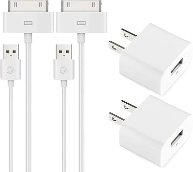 ESK Certified 6 Feet 30 Pin USB Charging Cable with 5W USB Power Adapter for iPhone 4/4s, iPhone 3G/3GS, iPad 1/2/3, iPod Touch 1/2/3/4 2 Pack