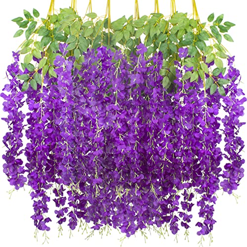 12 Pack Artificial Flowers Silk Wisteria Vine Ratta Hanging Flower (Blue)