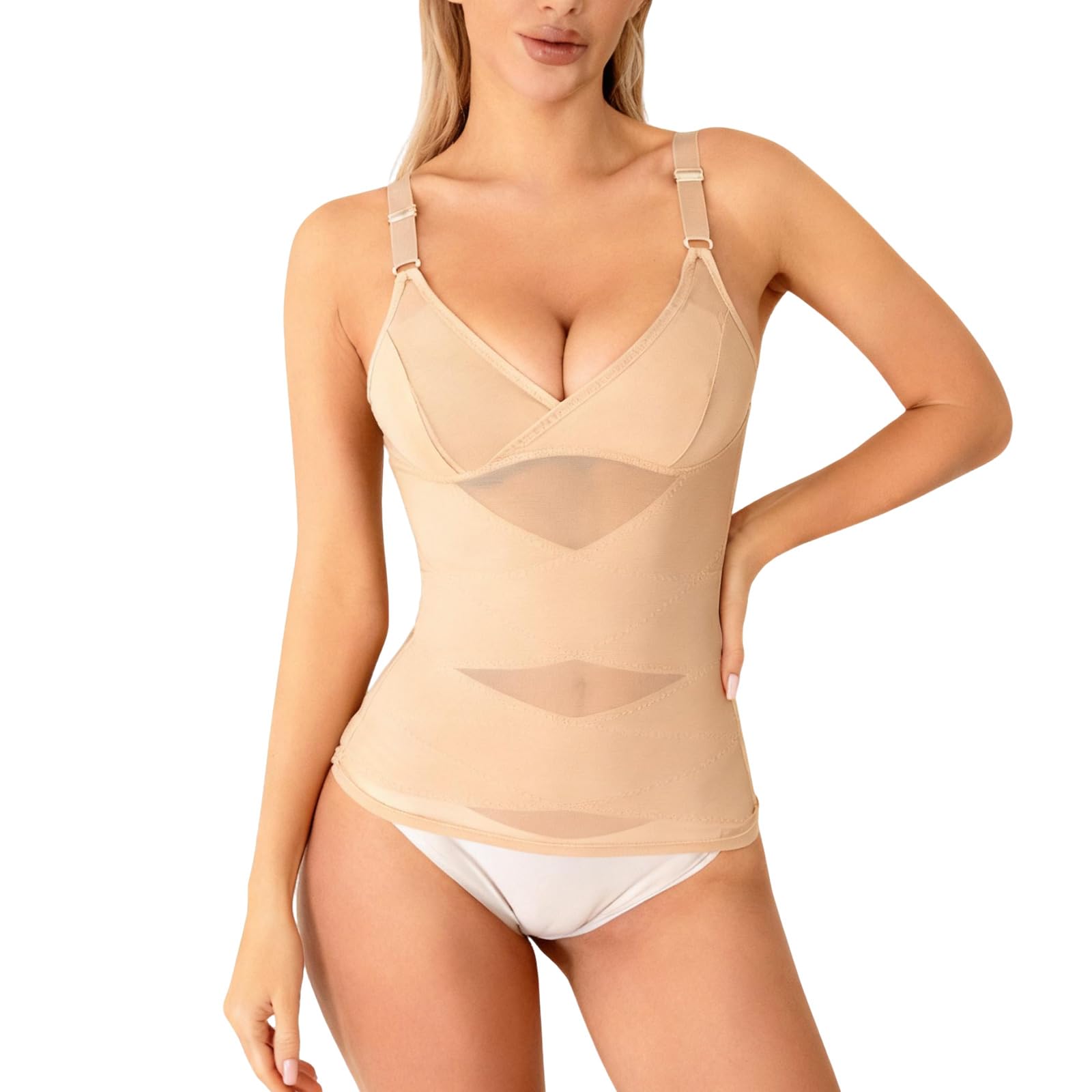 Adudvlo Women's Apricot Bodysuit Shapewear For Tummy Control Slimming Waist Trainer Body Shaper V Neck Leotard Shaping Bodysuit Outfit (, Xl)
