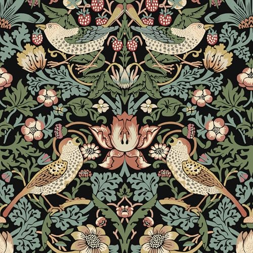LaCheery William Morris Vintage Peel and Stick Wallpaper Floral Bird Wallpaper for Bathroom 17.5"x275" Black Flower Floral Wall Paper Vintage Removable Contact Paper for Walls Kitchen Cabinets Drawers