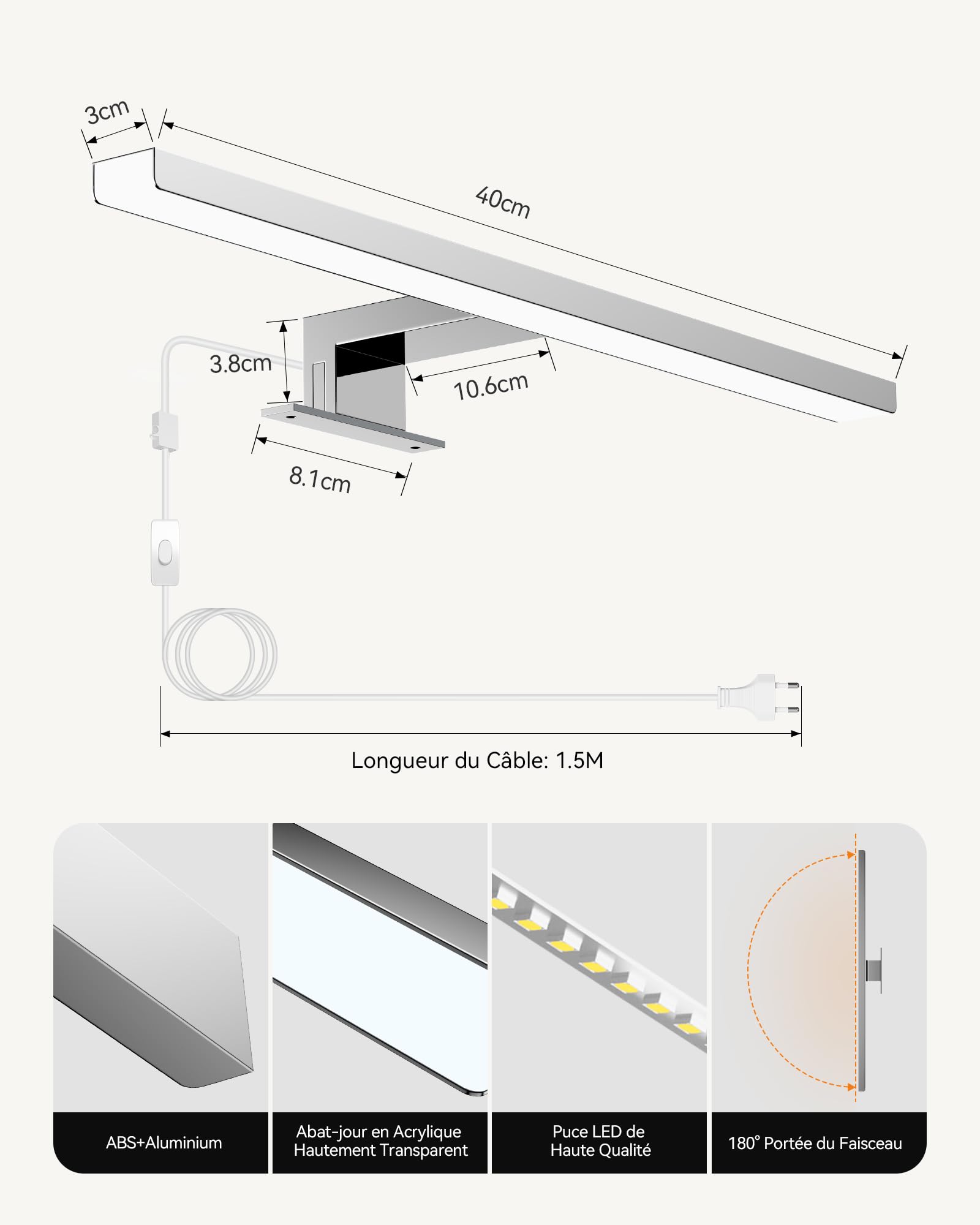Hommie Lampe Miroir Salle de Bain LED 40CM Avec Interrupteur Blanc Neutre 4000K Luminaire Salle de Bain 10W 230V 900LM IP44 Étanche