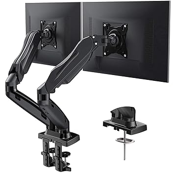 Audiovan Dual Gas Monitor Mount - Articulating Gas Spring Monitor Arm, Adjustable VESA Mount Desk Stand with Clamp and Grommet Base - Fits 17 to 27 (Dual Arm Gas Spring, Black)