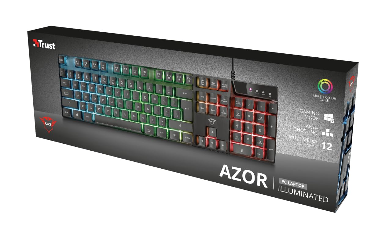 Trust Gaming GXT 835 Azor klawiatura z podświetleniem, hiszpański układ QWERTY, oświetlenie LED, bezprzewodowa klawiatura do gier do gier do systemu Windows, Mac, PC, komputera, laptopa, czarna