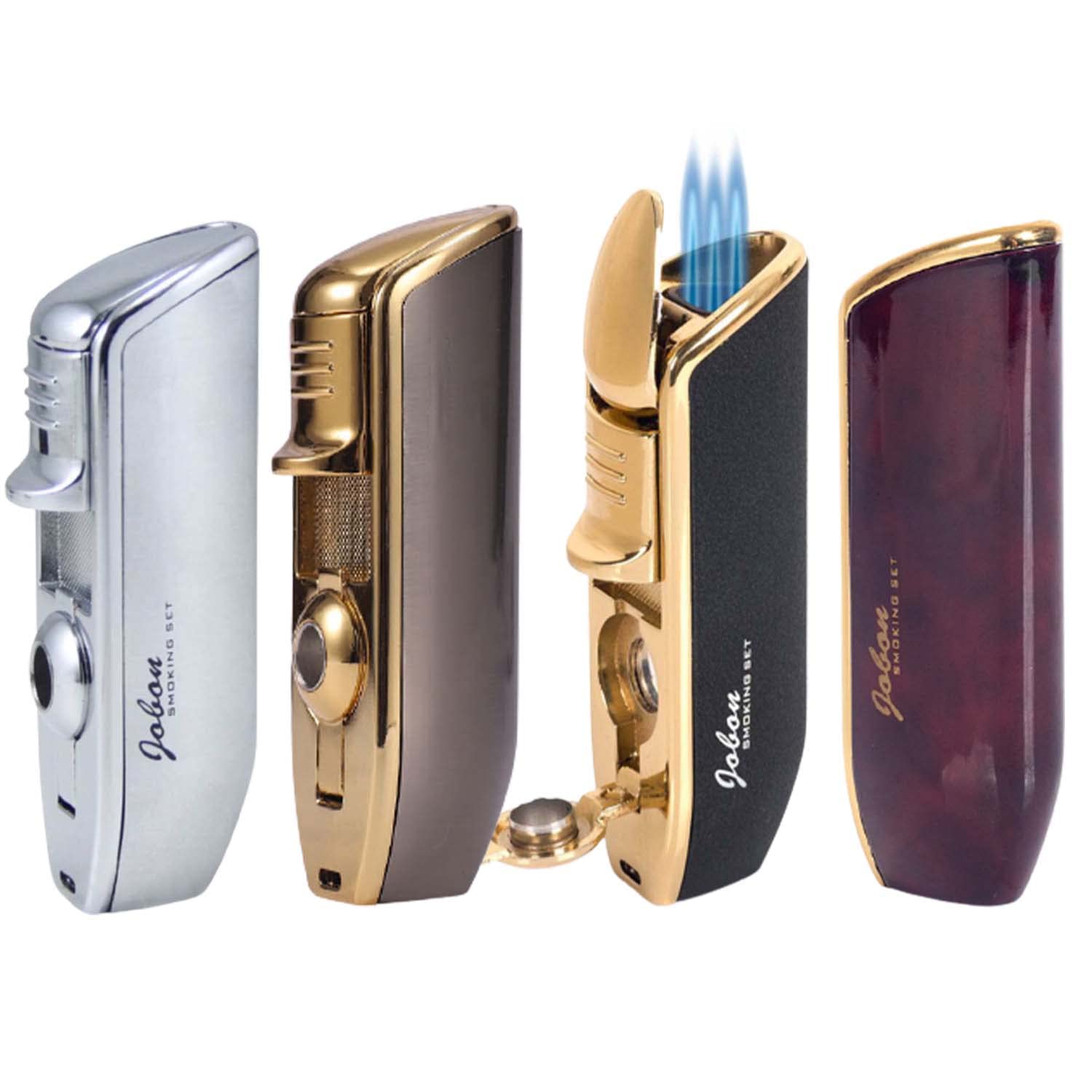 Briquet Torche avec Coupe Cigare Feu Réglable Coupe-Vent Triple Jet Flamme avec Coffret Cadeau pour Cigar Candle Camping Survival, Paquet de 4 (sans Gaz)