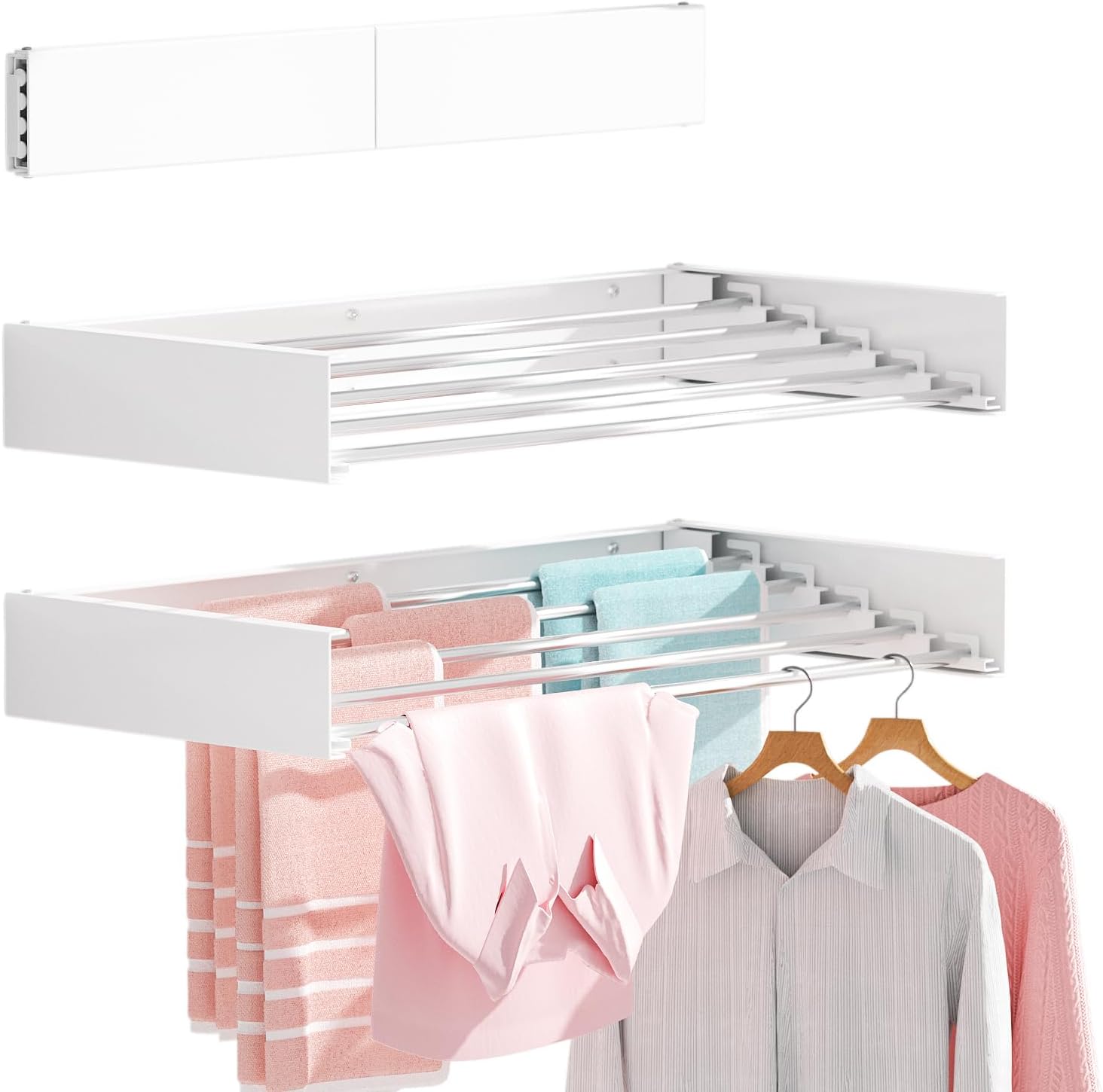 Wall Mounted Clothes Drying Rack, Extending Laundry Rack, Wall Mount Laundry Drying Rack Folding Indoor, 60lbs Capacity (5 Drying Rods, White 31.5")