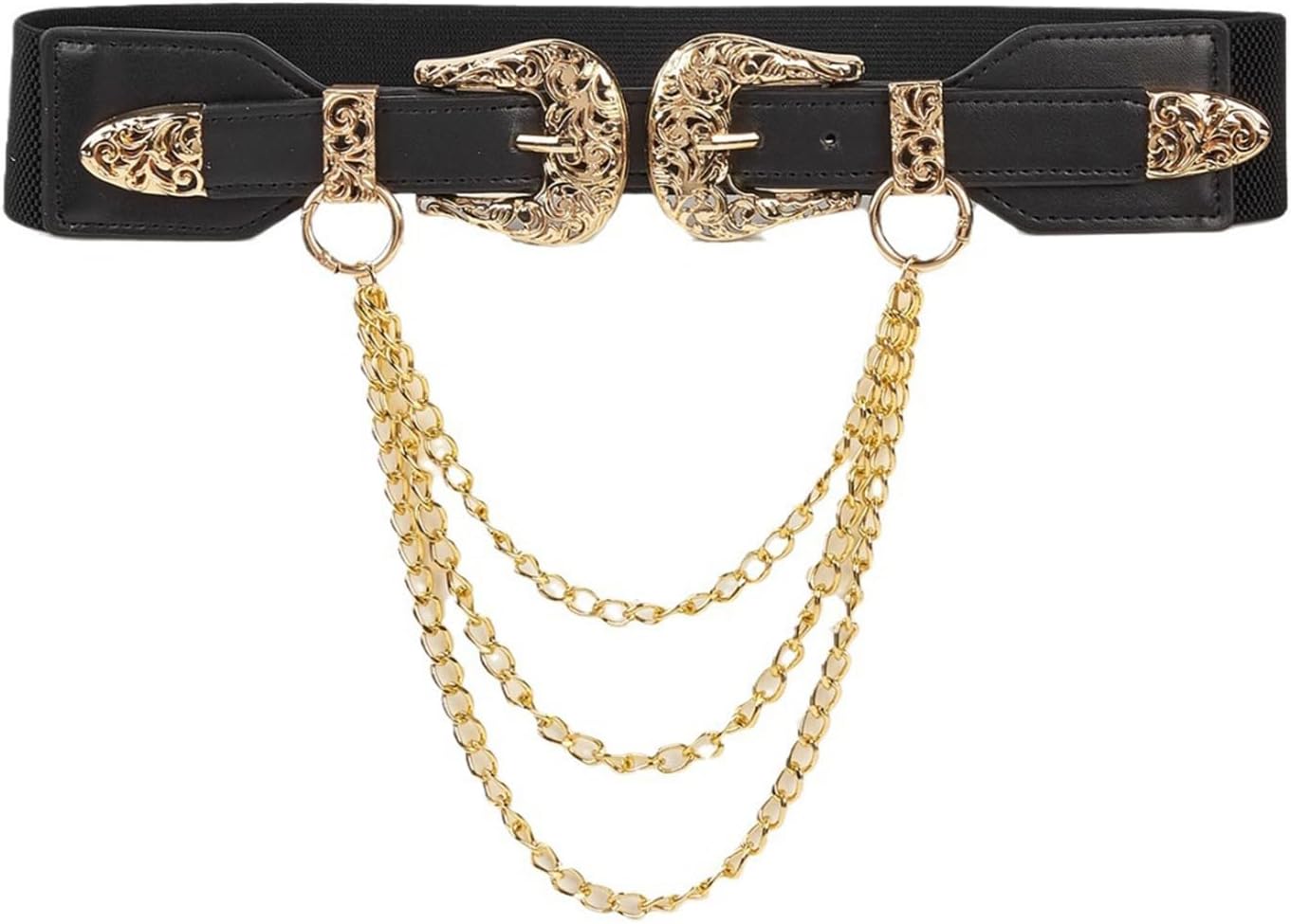 Simple Adult Waist Belt with Adjustable Unique Relief Buckle Waistband PU Waist Belts for Rock Fan Wear Resistant, Black Chain