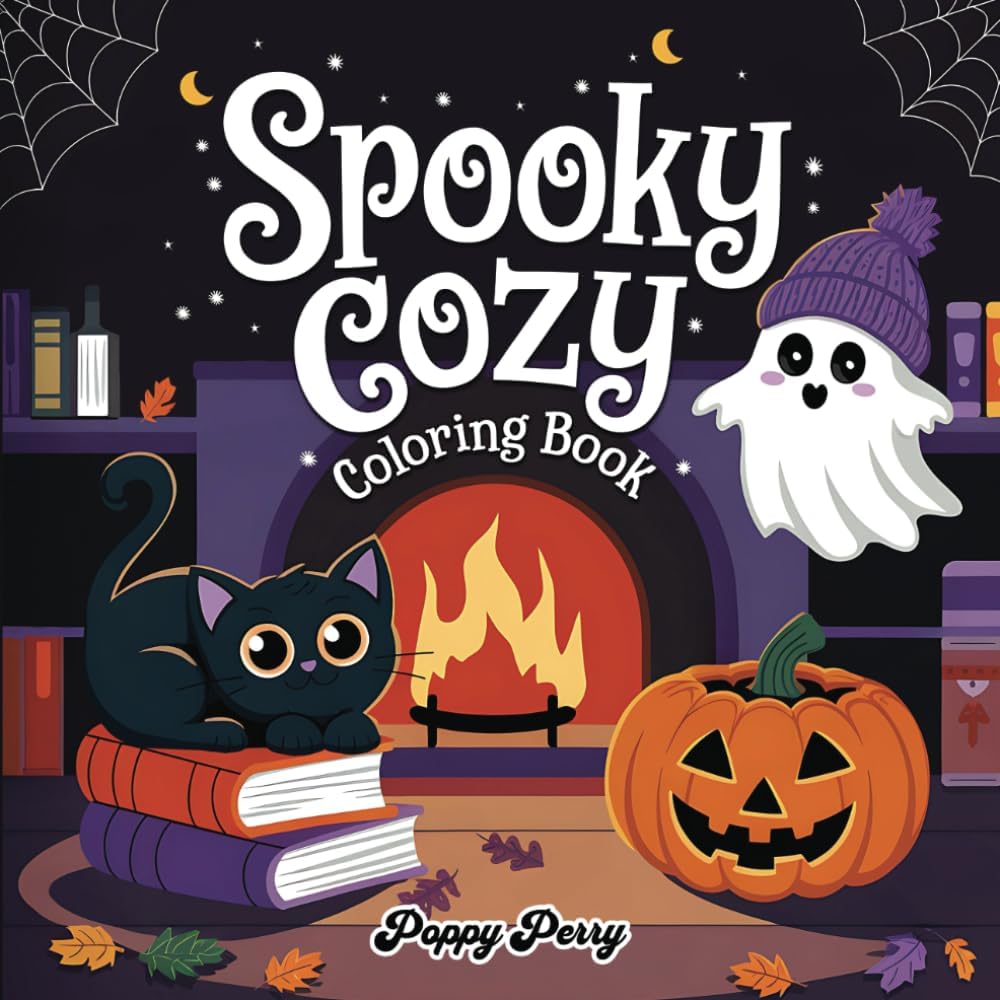 Spooky Cozy Coloring Book: 42 Bold and Easy Halloween Inspired Pages for Kids and Adults | Cute and Comfy Designs of Ghosts, Cats, Pumpkins and More! (Spooky Coloring Books)