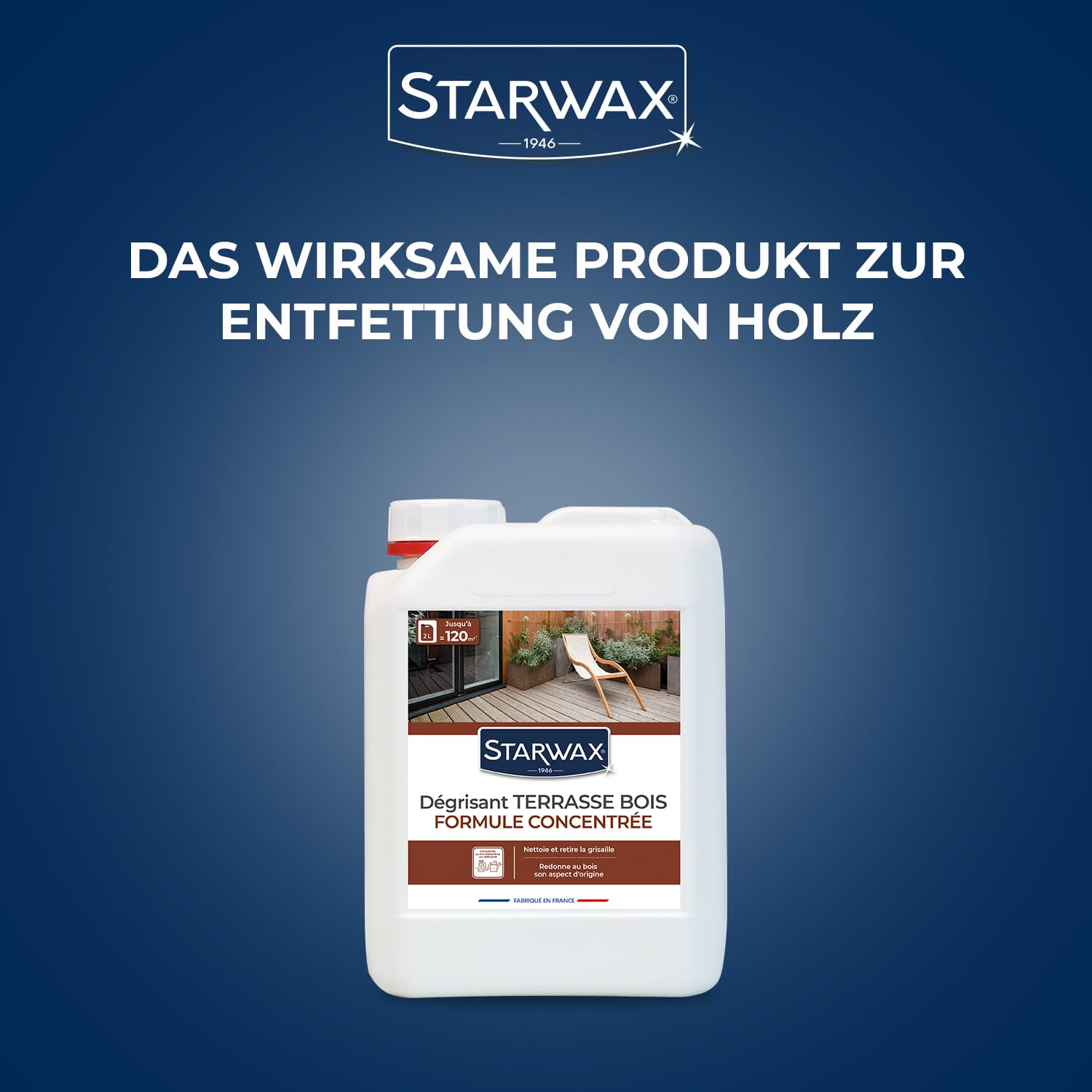 STARWAX Konzentrierter Holzterrassen-Entgrauer 2 l | Reinigt und entgraut gründlich, stellt ursprüngliches Aussehen wieder her, 60–120 m²