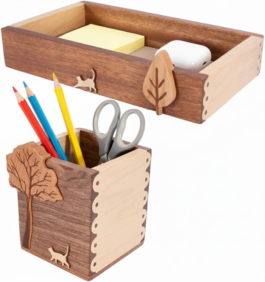 Wooden Desk Tray with Pen Holder Set Natural Wood Office Desk Pencil Pen Cup Holder Paper Clip Storage Sticky Note Holder Organizer Tray for Keys Pen Watch