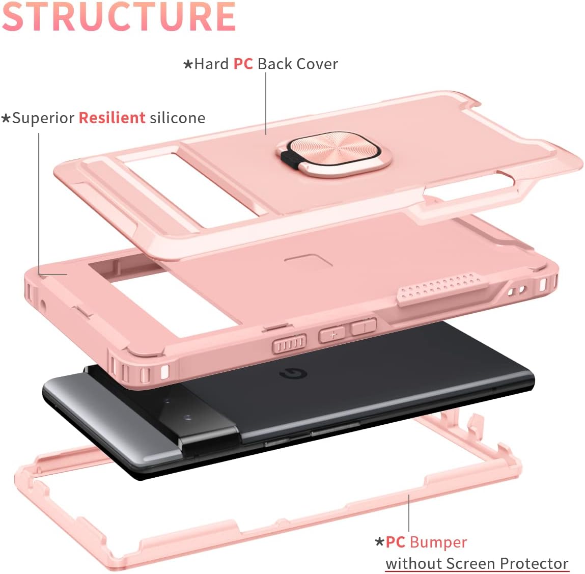 Petocase for Google Pixel 6 Pro Case Heavy Duty Full Body Shockproof Kickstand with 360°Ring Holder Support Car Mount Hybrid Bumper Silicone Hard Back Cover for Google Pixel 6 Pro 2021 Rose Gold