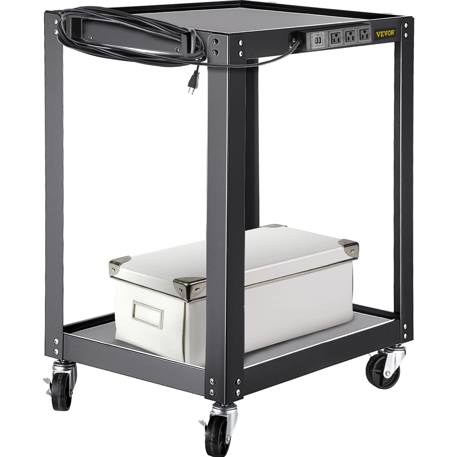 VEVOR AV Cart, 26 Inch Height Media Cart with Power Strip, 24 x 18 Presentation Cart with 2 Shelves, 4 Rolling Casters and 2 Locking Brakes, 150 lbs Heavy- Duty Av Cart Fit for Offices and Schools