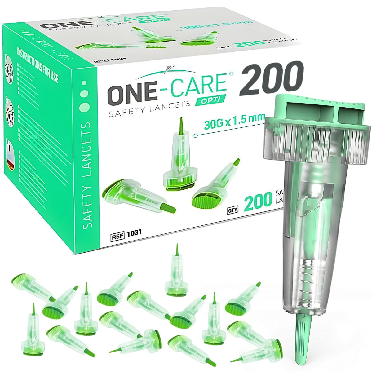 200 Count: ONE-CARE Opti Safety Lancets, Top Button Activated, 30G x 1.5mm, Auto-Retractable, Sterile, Single Use, Ideal for Blood Testing, Ultra-Thin for Comfort