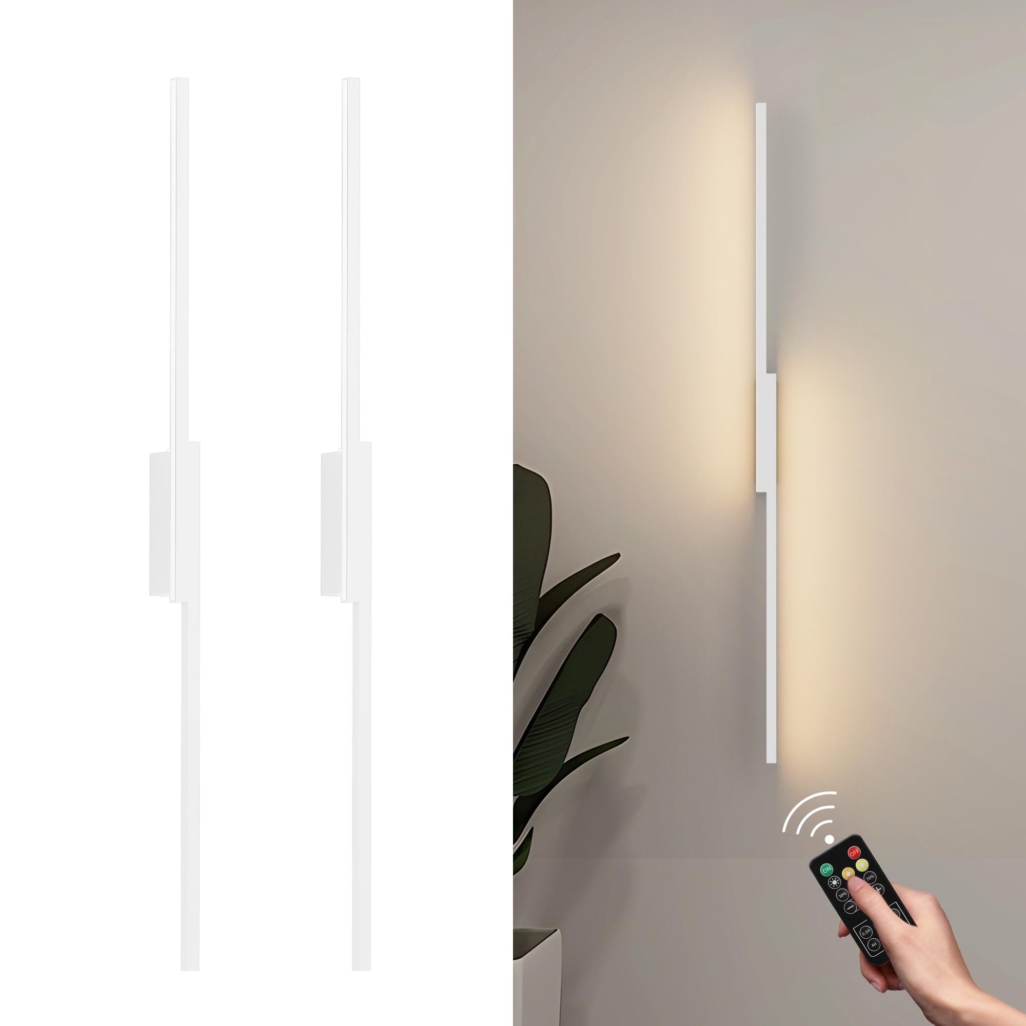 Aipsun 2 PCS Aplique de Pared LED Inalámbrico con Batería y Control Remoto, Aplique de Pared Recargable USB-C de 10000mAh Blanco 100CM,Aplique de Pared Moderno para Salón de 6W,3 colores