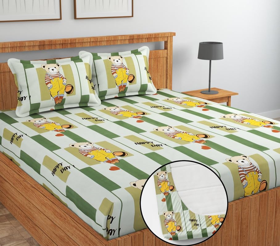 Image of NHD HOME Premium Cotton Elastic Fitted Bedsheets with 2 Pillow Covers Double Bed All Around Elastic Supersoft Size - 72 x 78 +8 inches Cartoon Green 200 tc - 220 tc