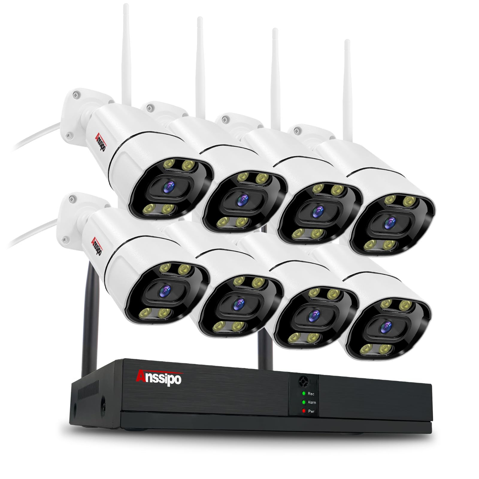 Système de caméra de sécurité WiFi 4K sans fil, sans abonnement, 8 caméras enfichables pour extérieur et intérieur pour enregistrement 24h/24, 7j/7, audio bidirectionnel, vision nocturne couleur