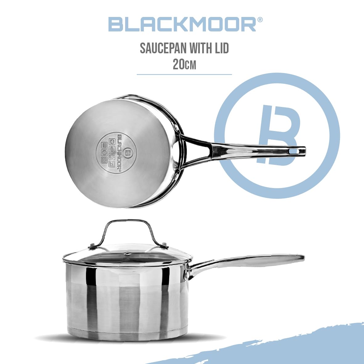 Blackmoor Cacerola de acero inoxidable de 20 cm con tapa/alta calidad, sin PFAS, apta para todo tipo de fuegos, incluyendo inducción y cocción al horno/gama Pro 65219