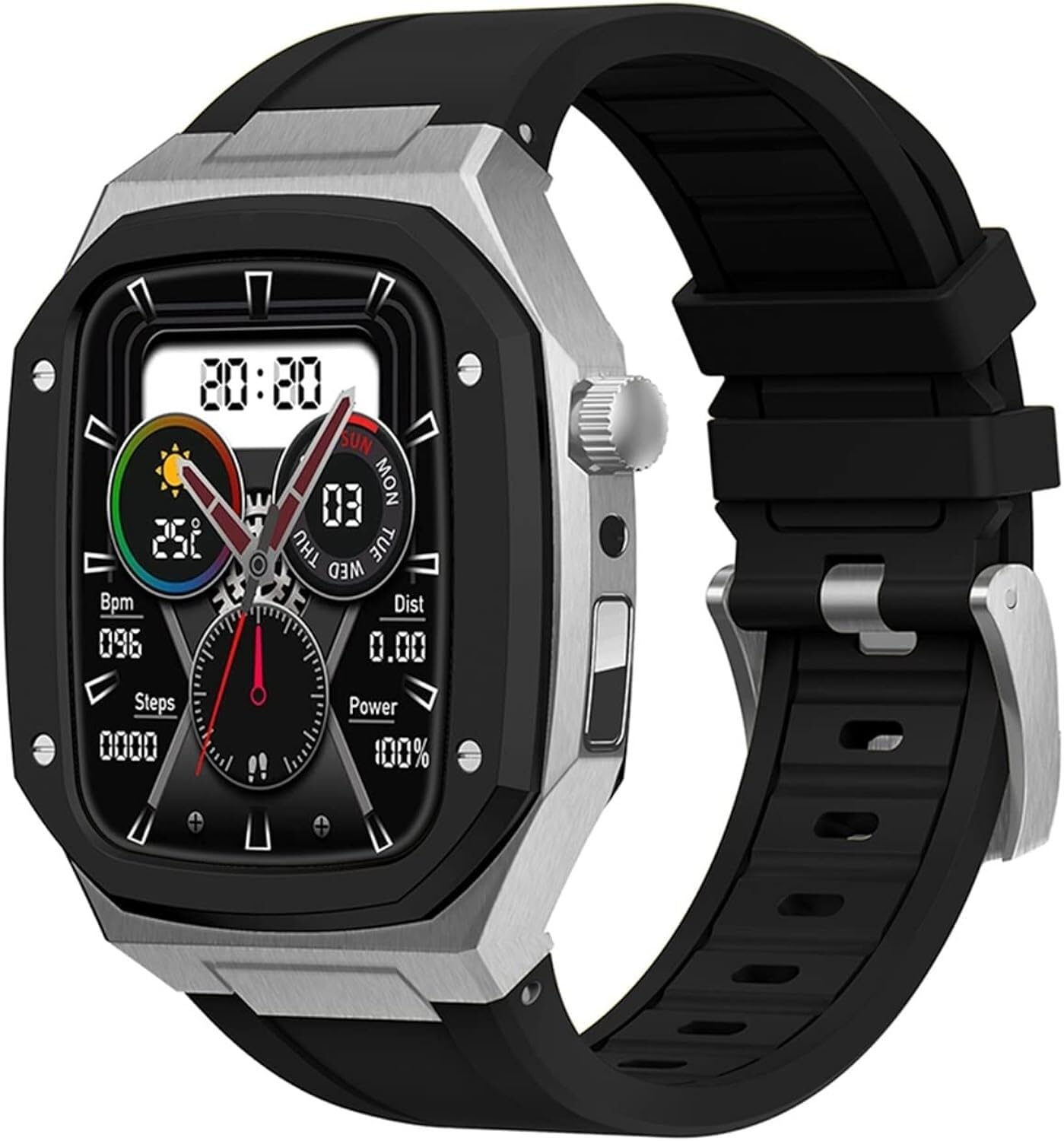 Metalowe etui do zegarka + gumowy pasek do zegarka, do Apple Watch Series 8/7 45 mm 6/5/4 SE 44 mm DIY, silikonowy pasek do zegarka ze stali nierdzewnej zestaw do modyfikacji obudowy