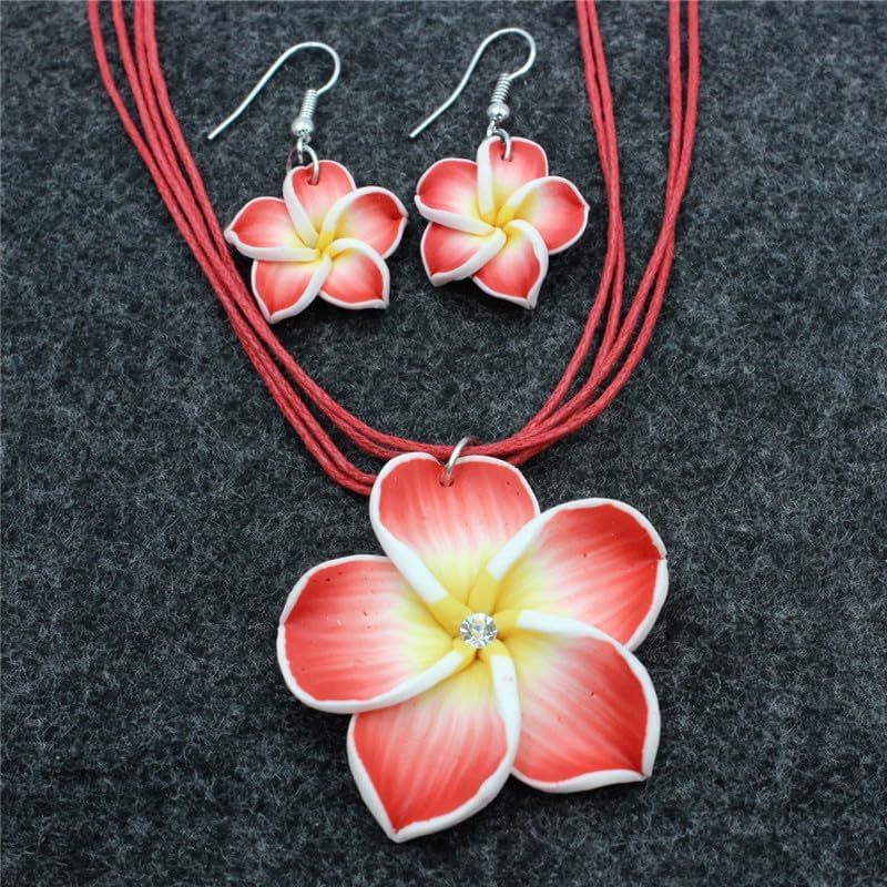 POYAMUSE Hawaiian Colorful Plumeria Flower Necklace Earrings Set - Tropical Beach Party Accessories for Women Vacation Luau Events Jewelry - Image 2
