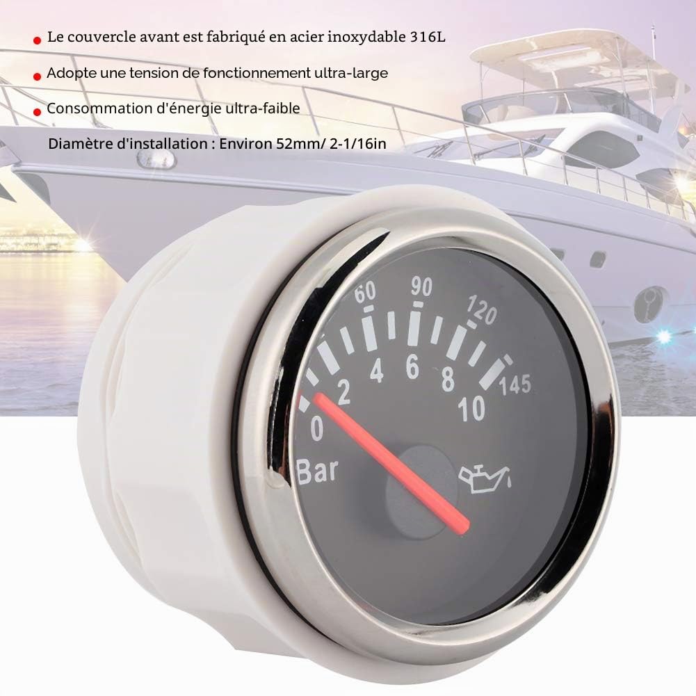 Compteur de pression d'huile 24 V 12 V, compteur de pression d'huile 2in 0-10Bar Instrument à cadran de rétroéclairage LED 145psi pour camion de bateau de moto automatique[Black Dial Silver Frame]