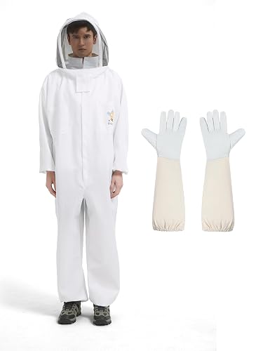 QHZHANG Sting Proof Beekeeping Suit Full Body with Ventilated Hood & Goatskin Gloves for Men and Women