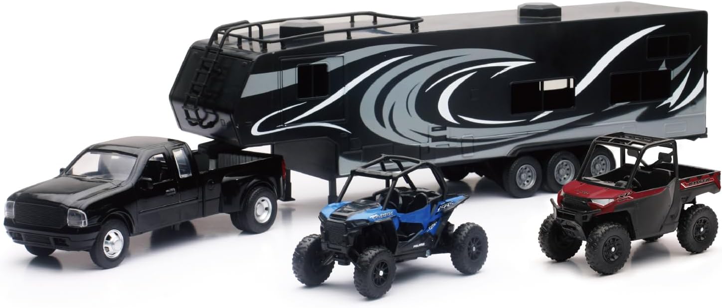 New-Ray New Ray Toys Die cast Pick up Truck with Toy Hauler and 2 Polaris Vehicles (Blue RZR and red Ranger)