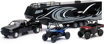 New Ray Toys Die cast Pick up Truck with Toy Hauler and 2 Polaris Vehicles Blue RZR and red Ranger