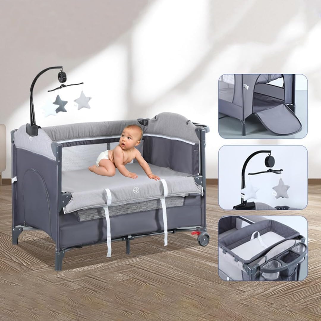 Baby Bed, Bedside Sleeper & Playard – Multifunctional 5-in-1 Baby Bed with Crib, Bassinet, Musical Crib, Changing Table, Portable Travel Solution for Newborns