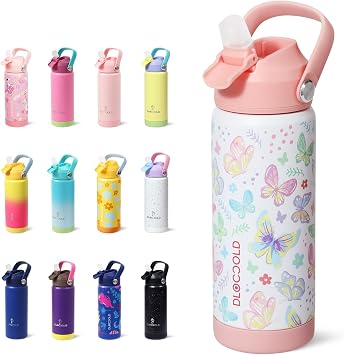 DLOCCOLD Kids Insulated Water Bottle with Leak Proof Straw Lid, Double Wall Vacuum Stainless Steel Water Bottle with Silicone Boot, Reusable Tumbler for Travel, Boys, Girls