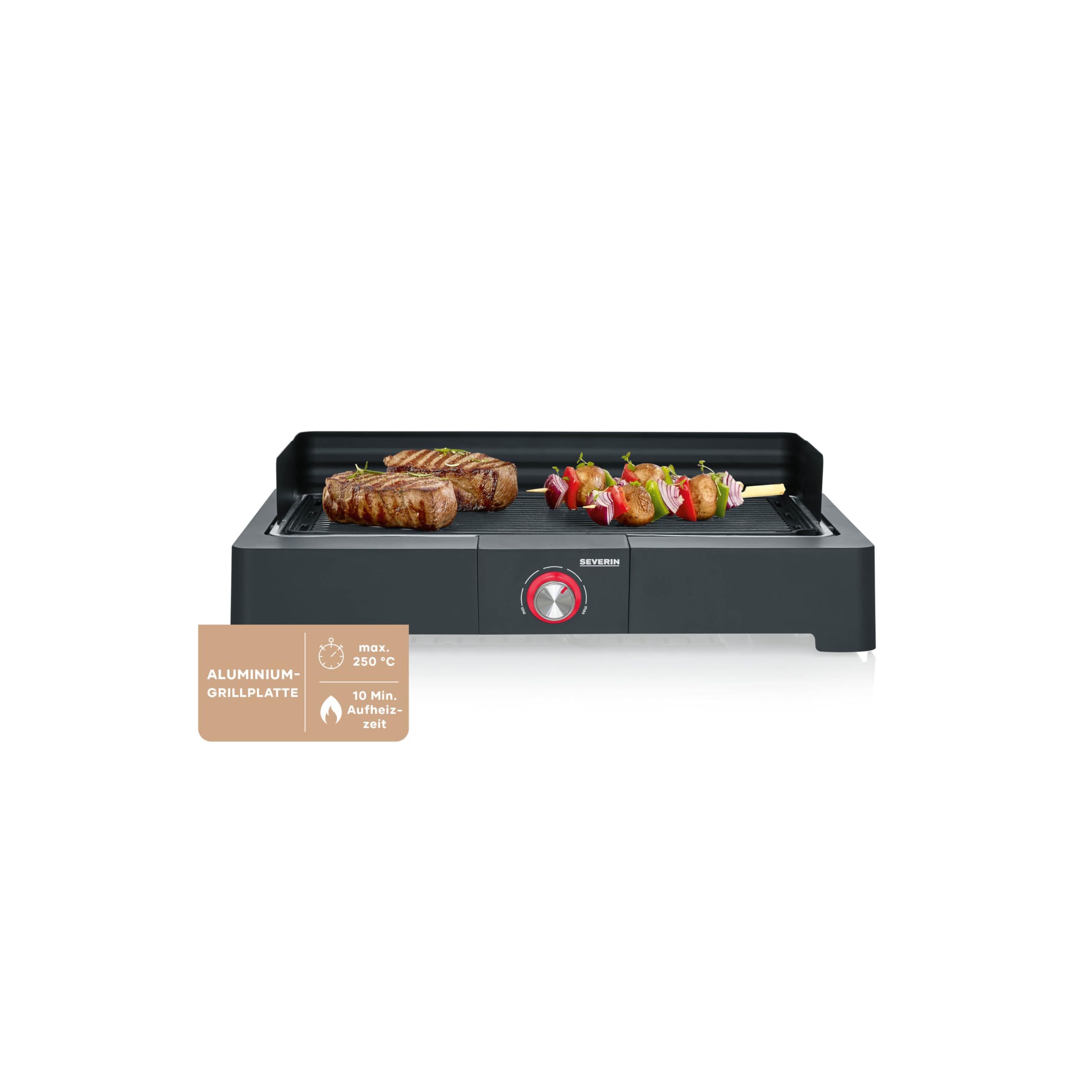 SEVERIN Tischgrill mit Aluminium-Grillplatte für drinnen und draußen, Elektrogrill mit schnellem Grill-Start, Balkon Grill ohne Verbrennungsgefahr, Schwarz, PG 8567