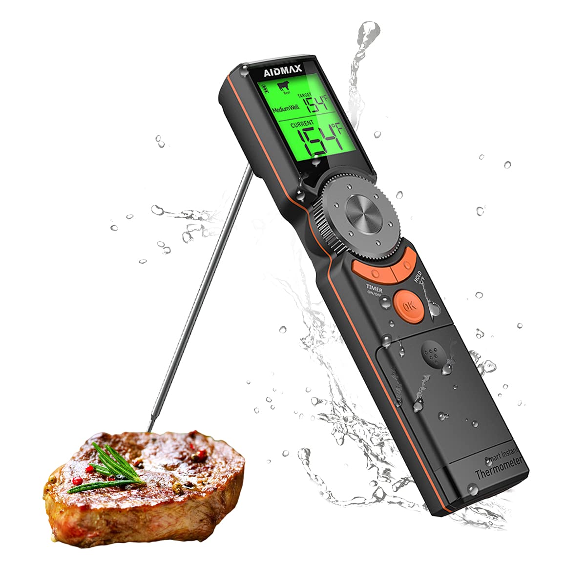 Instant Read Meat Thermometer, AidMax Mini6 Smart Cooking Thermometer Waterproof,Scroll Wheel Preset Food Temperature, Eas...