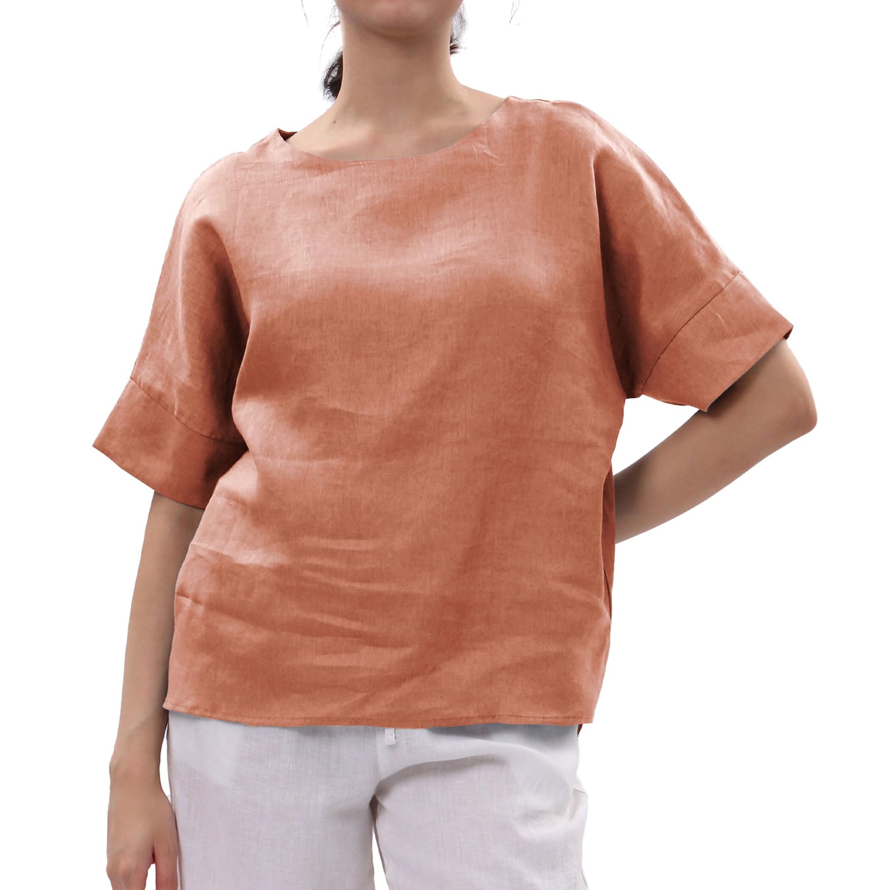 Amazhiyu Camicette da donna in 100% lino, girocollo, a maniche corte, casual, estive
