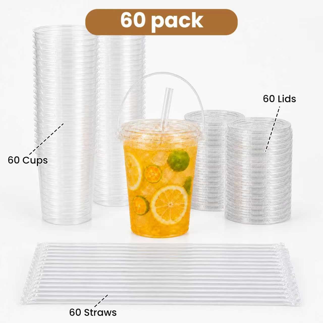 60 Sets 34oz Bucket Cups with Lids and Straws, Handles Included, Sturdy Reusable Drink Buckets and Coffee Buckets for Iced Coffee, Smoothies, Milkshakes and Fruit Drinks