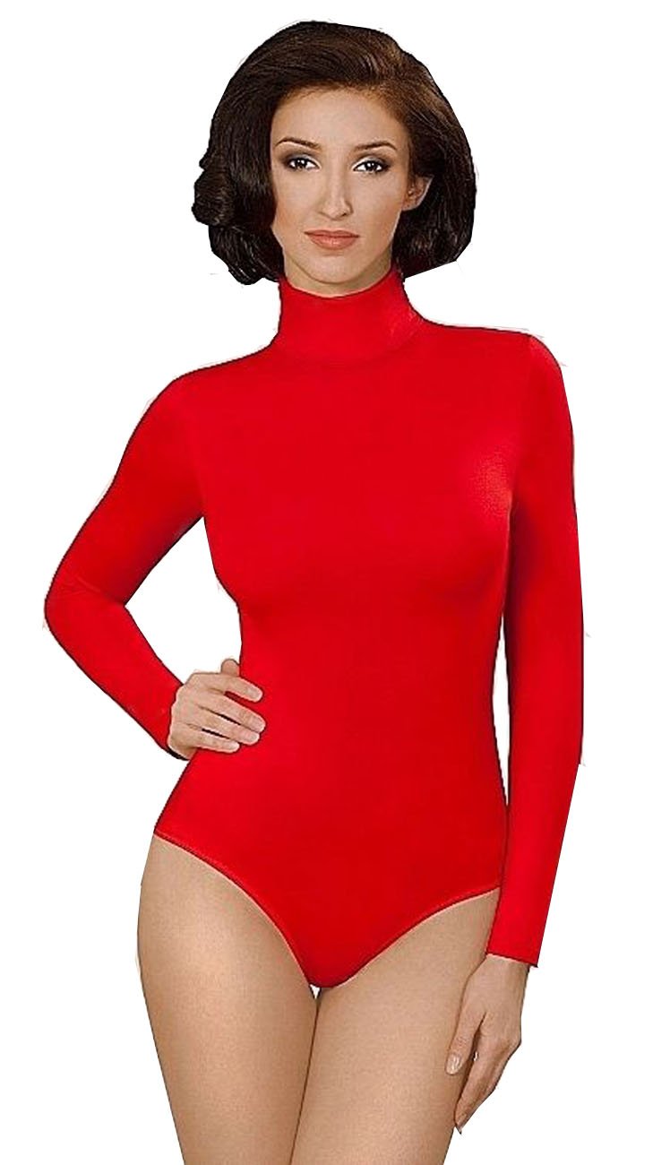 Elegance1234 Women's Red Turtleneck Long Sleeve Cotton Leotard/Bodysuits (Large, )