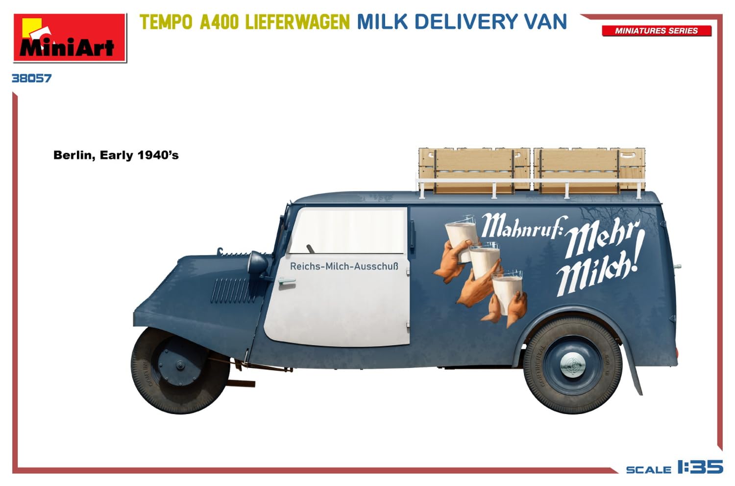 Mini Art 38057 1:35 Tempo A400 wózek dostawczy mleko – wierna replika, modelarstwo, plastik, zestaw do montażu, majsterkowanie, hobby, klejenie, zestaw modelarski, montaż, nielakierowany