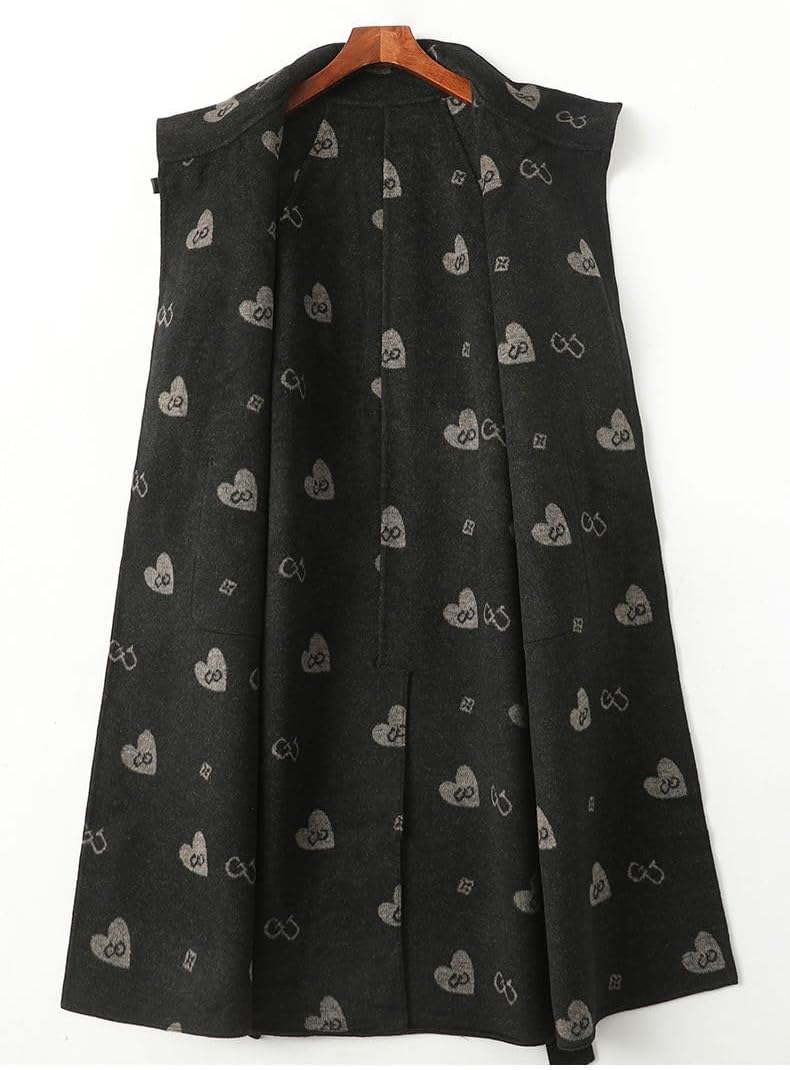 utcoco Womens Long Wool Coats Inner Printed Stand Collar Casual Slim Fit Long Trench Coat with Belt