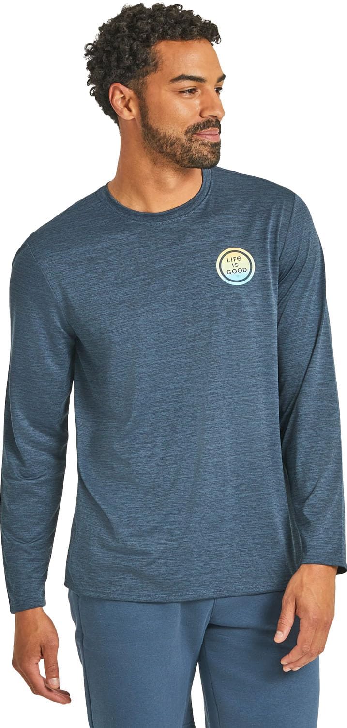 Life is Good - Mens Retro Mountain Range Long Sleeve Sun Crusher T-Shirt, Color Darkest Blue, Size: Medium