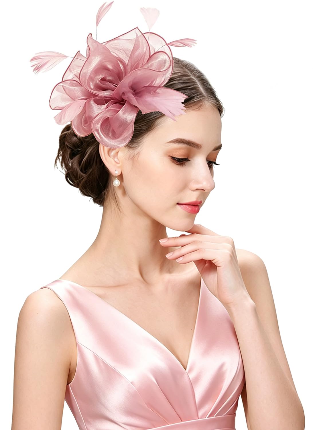 ELLYDOOR Fascinator Hats for Women Wedding Tea Party Headband Church Derby Pillbox Hat Flower Feather Hair Clip, 10nude Pink, One Size