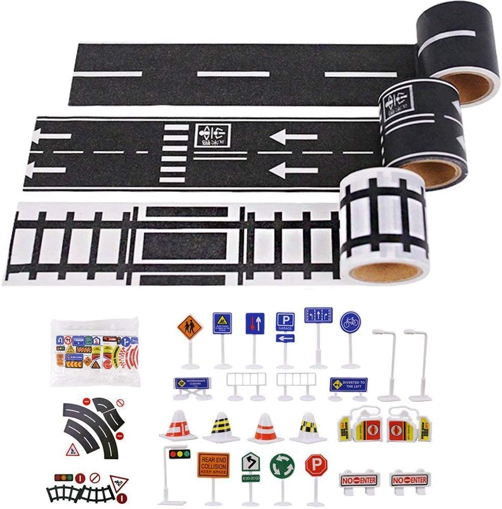 Road Sticker Rolls, DIY Traffic Sign Train Track Model for Kids Gift, 59PCS