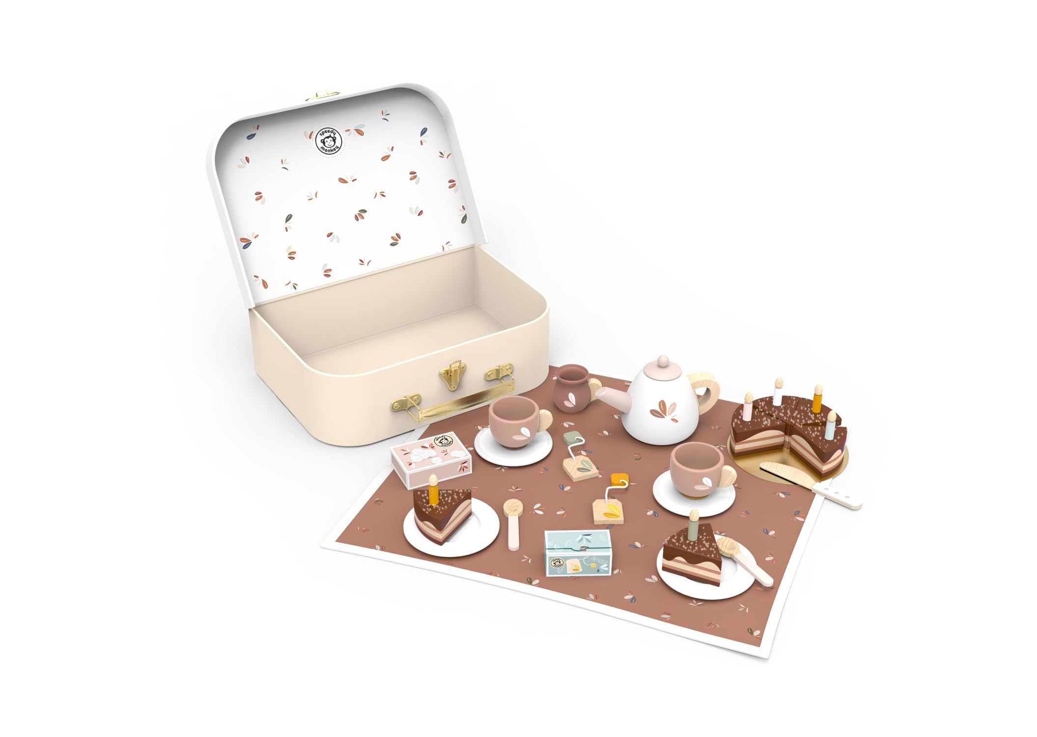 SPEEDY MONKEY Birthday Tea Set for Kids–FSC Wooden Pretend Play Tea Party & Food Set with Teapot, Cups, Cake & Tea Bag–Toddler Girls Imaginative Role Play Kitchen Toy–Colourful Gift for Dollhouse — image 1