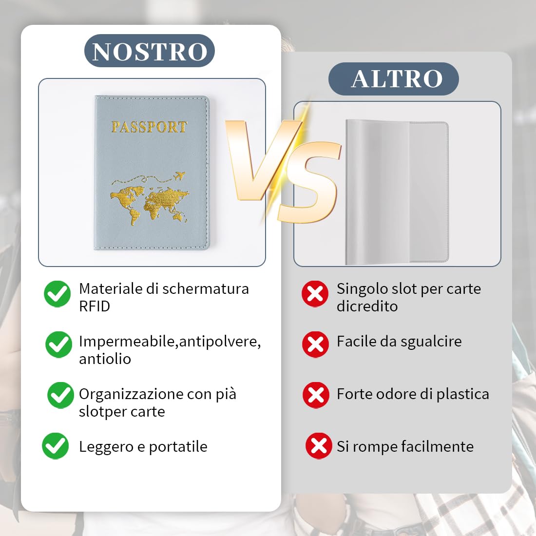 Set di 4 portapassaporti e targhette per bagagli, custodia per passaporto da viaggio francese, protezione con blocco RFID, carte d'imbarco,biglietti da visita, per uomini e donne (blu, rosa)