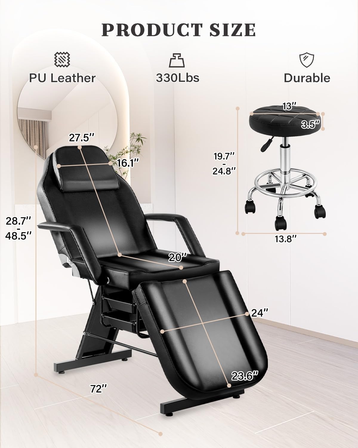 Tattoo Chair Bed with Wheels, 72in 3-Section Facial Tattoo Client Bed for Esthetician Client with Spa Stool, Adjustable TattooLash Table with Removable Headrest, Black