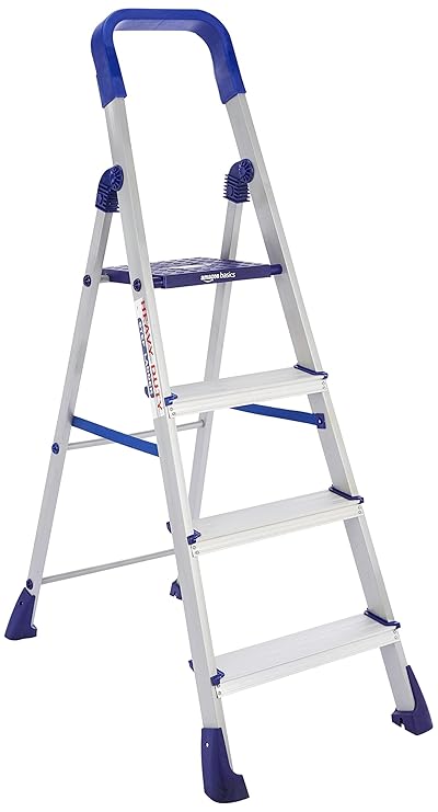 amazon basics Clamber Pro - Foldable Step Ladder, Firm Grip, 4 Steps (Aluminium Steps, Blue & Satin)