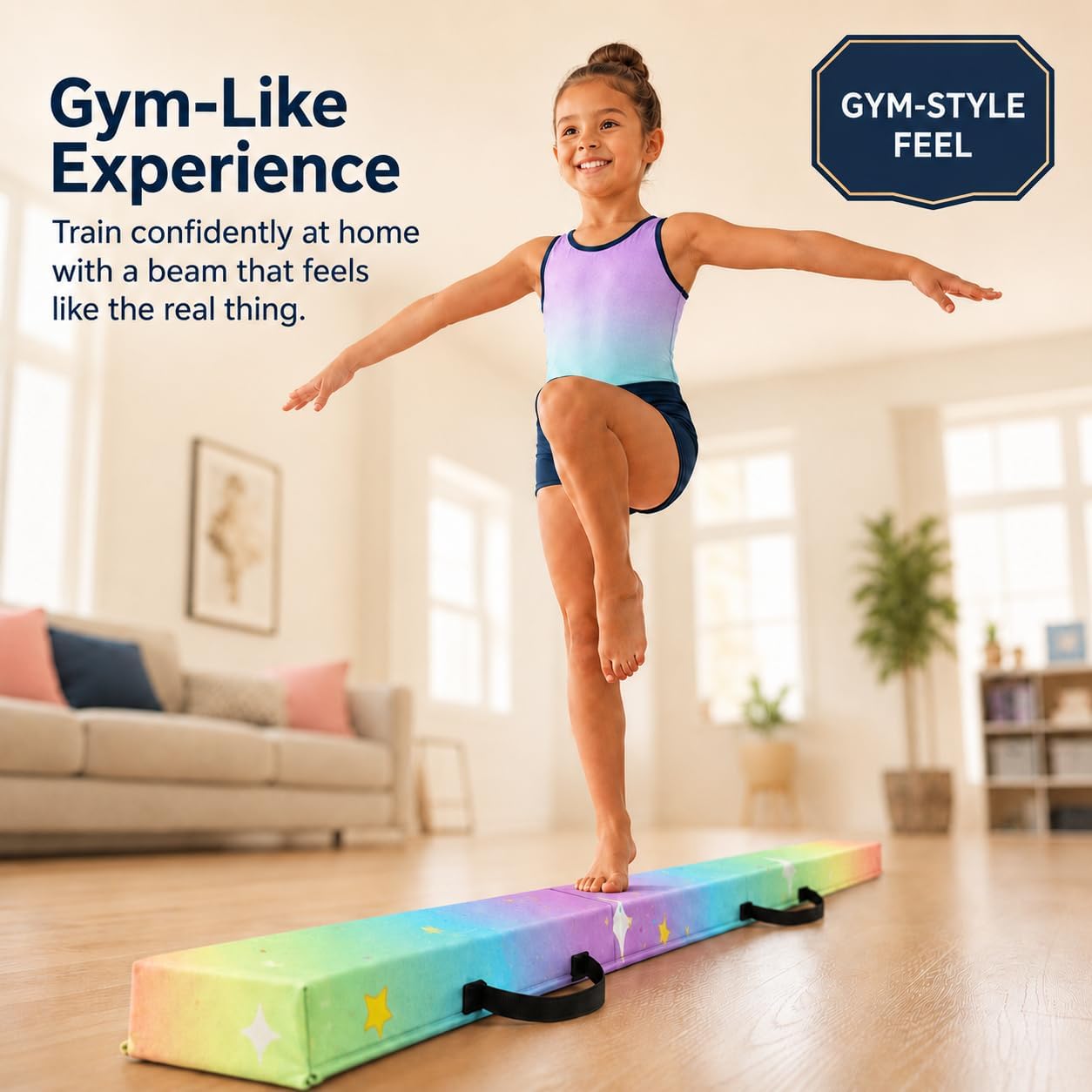 6FT Starry Rainbow Suede Gym Training Balance Beam | folding toddler practice mat, non slip fabric cushion, heavy duty extendable rail, rainbow birthday gift for grandchildren